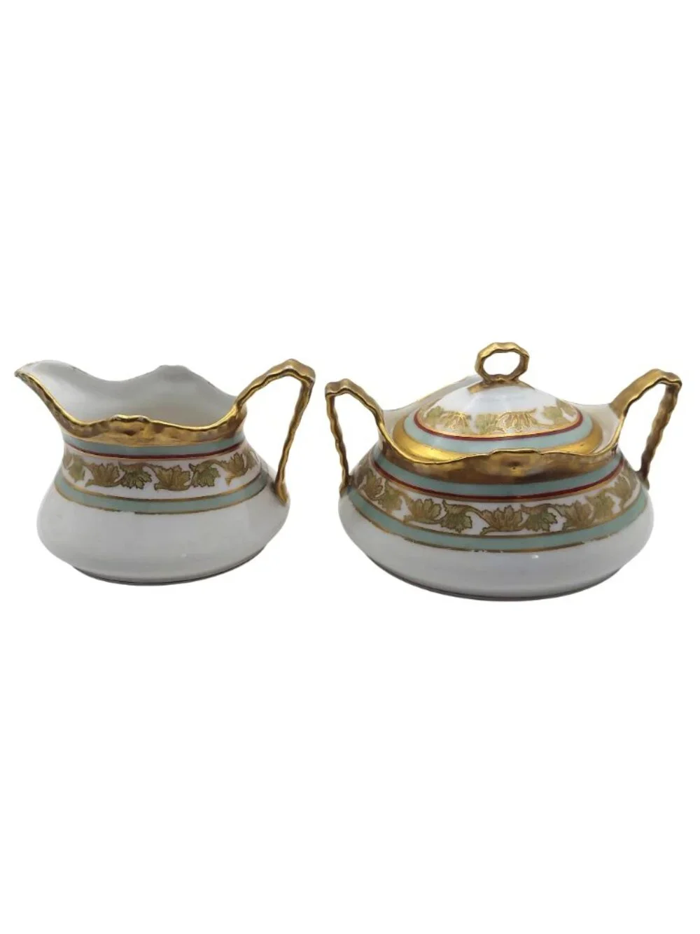 Limoges Coronet France Porcelain Sugar Bowl Creamer Leaf Motif Gold Trim Antique